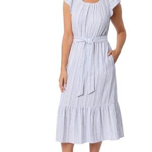 Striped Blue Tie-Waist Midi Dress
